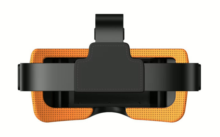 Virtual-Reality-Headset in Vorderansicht mit breitem schwarzen Kopfband, schwarzem Gehäuse und orangefarbenem, gelochtem Gesichtspolster.