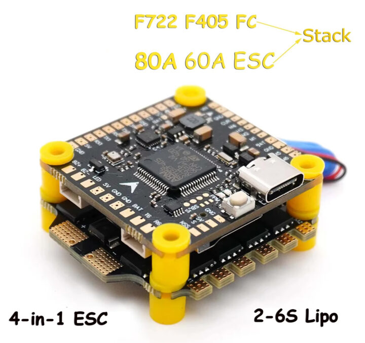 Gestapelte FPV‑Drohnenelektronik: oben ein schwarzer F722/F405 Flight Controller mit USB‑C‑Anschluss, darunter eine 4‑in‑1 ESC‑Platine, verbunden durch gelbe Abstandshalter; im Bild sind Beschriftungen wie 4‑in‑1 ESC und 2‑6S Lipo sichtbar.