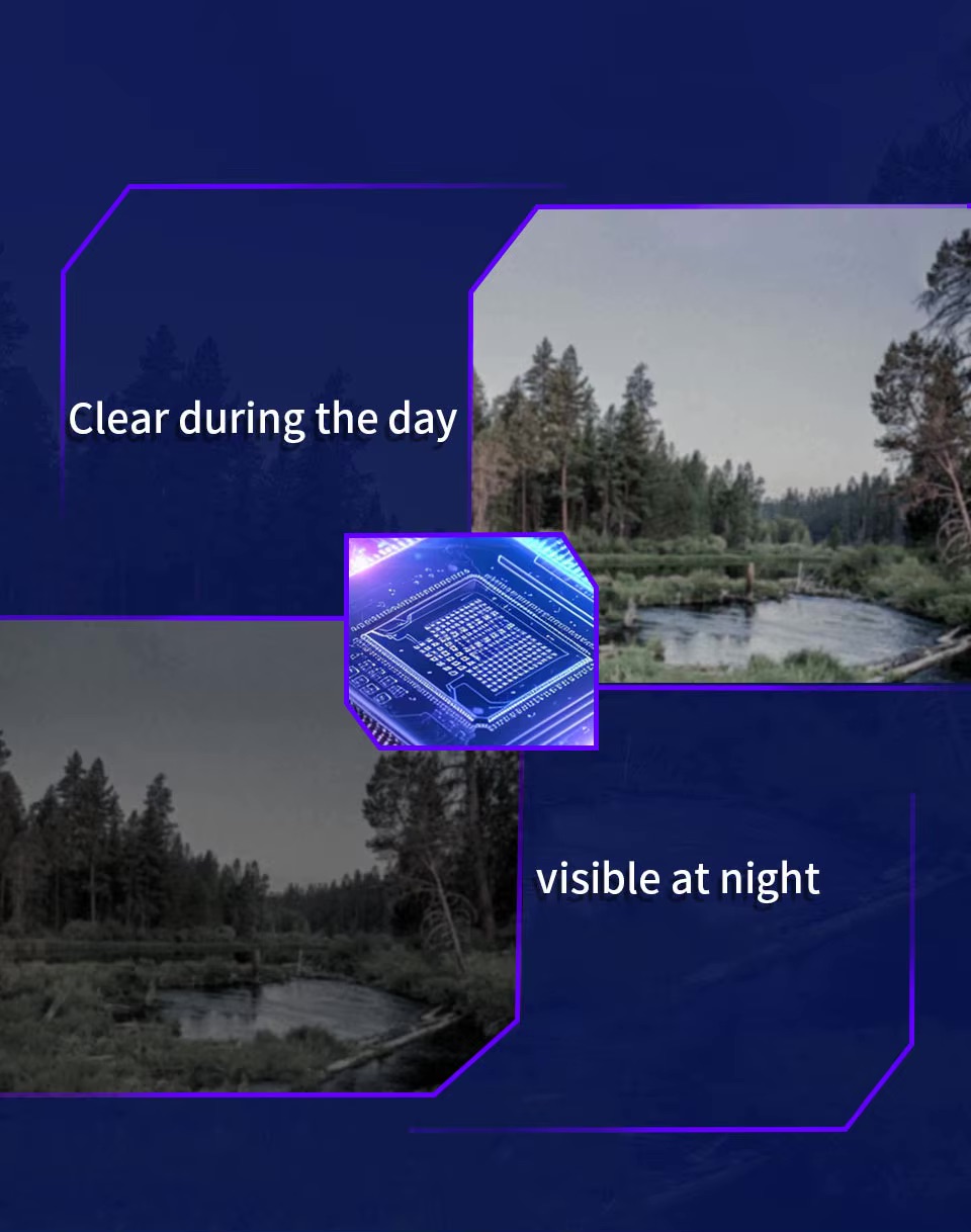 Werbegrafik für eine FPV-Kamera mit zwei Landschaftsbildern eines Waldrivers — oben rechts farbig bei Tageslicht mit dem Text Clear during the day, unten links in Graustufen bei Nacht mit dem Text visible at night — auf blau‑violettem Hintergrund und einem mittig platzierten leuchtenden blauen Schaltkreis‑Icon.