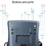 Rückansicht einer FPV-Drohnenbrille mit zwei SMA-Antennenanschlüssen, integriertem Lautsprecher, Kopfhörerbuchse, USB‑Port und TF‑Kartenslot sowie mehreren beschrifteten Tasten (Menu, Search, Band+, CH+, Record) und Status‑LEDs.