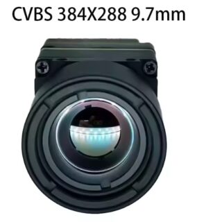 Kompakte Wärmebildkamera in schwarzem Gehäuse mit sichtbarer Frontlinse und zwei Befestigungsschrauben; Beschriftung 'CVBS 384X288 9.7mm' deutet auf 384×288-Auflösung und 9,7‑mm‑Objektiv, geeignet für FPV‑Drohnen.