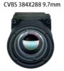 Kompakte Wärmebildkamera in schwarzem Gehäuse mit sichtbarer Frontlinse und zwei Befestigungsschrauben; Beschriftung 'CVBS 384X288 9.7mm' deutet auf 384×288-Auflösung und 9,7‑mm‑Objektiv, geeignet für FPV‑Drohnen.