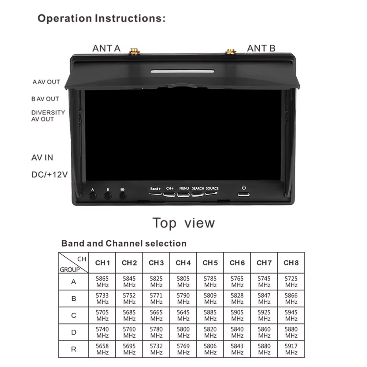 Top-Ansicht eines schwarzen Feldmonitors mit zwei goldfarbenen Antennenanschlüssen oben (ANT A, ANT B), beschrifteten AV- und Stromanschlüssen an der Seite (A AV OUT, B AV OUT, DIVERSITY AV OUT, AV IN, DC/+12V), Bedienknöpfen am unteren Rand (Band+, CH+, MENU, SEARCH, SOURCE, Power) und darunter einer Tabelle zur Band‑ und Kanalauswahl mit MHz‑Frequenzen für Gruppen A, B, C, D und R (CH1–CH8).