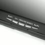 Nahaufnahme der unteren Blende eines Geräts mit fünf silbernen, abgerundeten Drucktasten auf schwarzem Gehäuse, beschriftet mit "Band+", "CH+", "MENU/SRC SEARCH" und "Rec/Pic".