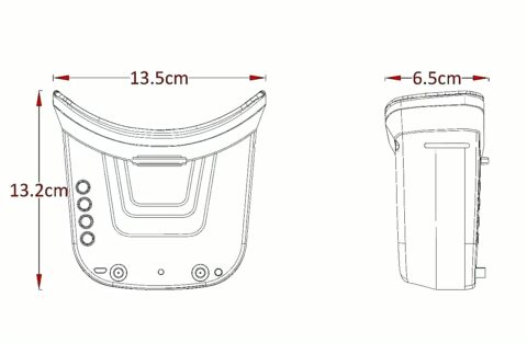 Technische Strichzeichnung eines gebogenen Geräts in Vorder‑ und Seitenansicht mit beschrifteten Maßen 13,5 cm Breite, 13,2 cm Höhe und 6,5 cm Tiefe; Vorderseite mit vier runden Tasten links, zwei runden Anschlüssen unten und einer rechteckigen Vertiefung in der Mitte.