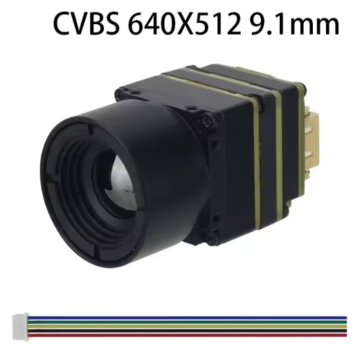 Kompaktes Wärmebild-Kameramodul für FPV-Drohnen mit großem schwarz-mattem 9,1‑mm-Objektiv, gestapeltem rechteckigem Gehäuse (aufgedruckt CVBS 640×512) und mehradrigem Flachkabel daneben.