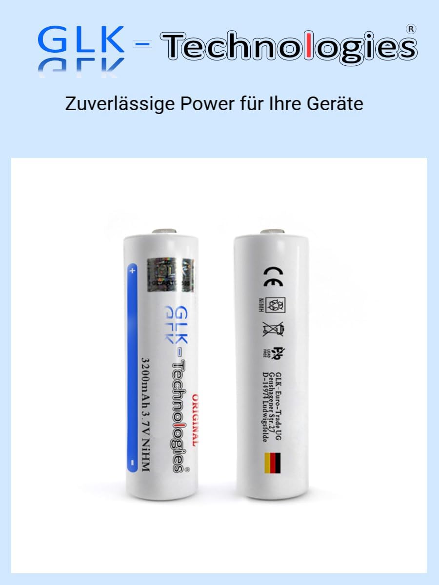 Zwei weiße 18650-Akkuzellen der Marke GLK-Technologies (NiMH, 3,7 V, 3200 mAh), eine zeigt Vorderseite mit Logo und Kapazitätsangabe, die andere Rückseite mit Prüfsymbolen und kleiner Deutschlandflagge.