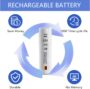 Weiße 18650-Zelle (wiederaufladbar, NiMH, 3200 mAh, 3,7 V) vor blauen Kreispfeilen und der Überschrift RECHARGEABLE BATTERY, umgeben von Symbolen mit Hinweisen auf Geldersparnis, 1000 Zyklen Lebensdauer, Langlebigkeit und keinen Memory-Effekt.