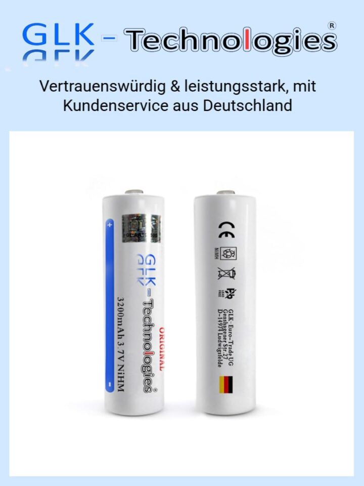glk-technologies-akku-3200mah-nimh-wiederaufladbar Zwei weiße 18650-Akkus der Marke GLK‑Technologies vor weißem Hintergrund, mit Aufdruck '3200 mAh 3.7 V NiHM', Firmenlogo und deutschem Flaggen-Symbol.