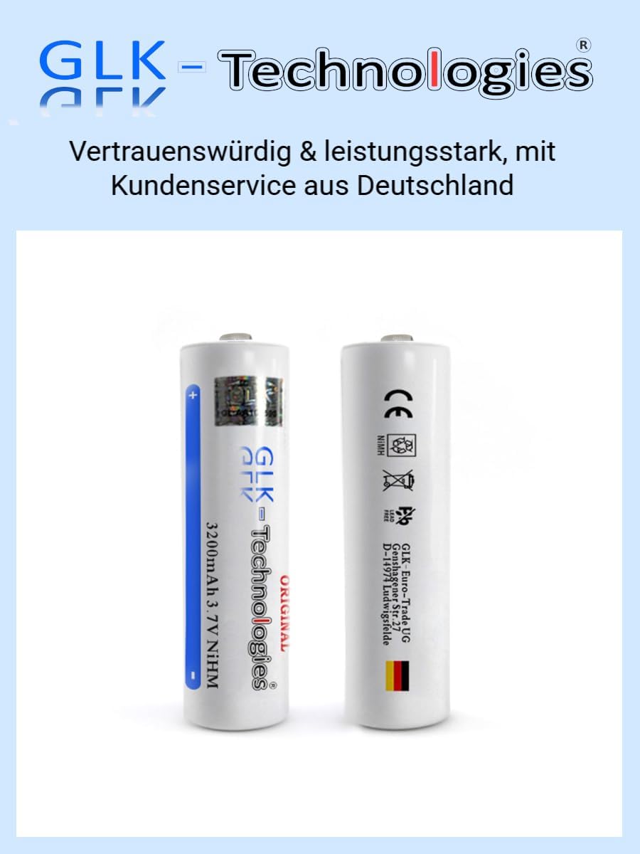 Zwei weiße 18650-Akkus der Marke GLK‑Technologies vor weißem Hintergrund, mit Aufdruck '3200 mAh 3.7 V NiHM', Firmenlogo und deutschem Flaggen-Symbol.
