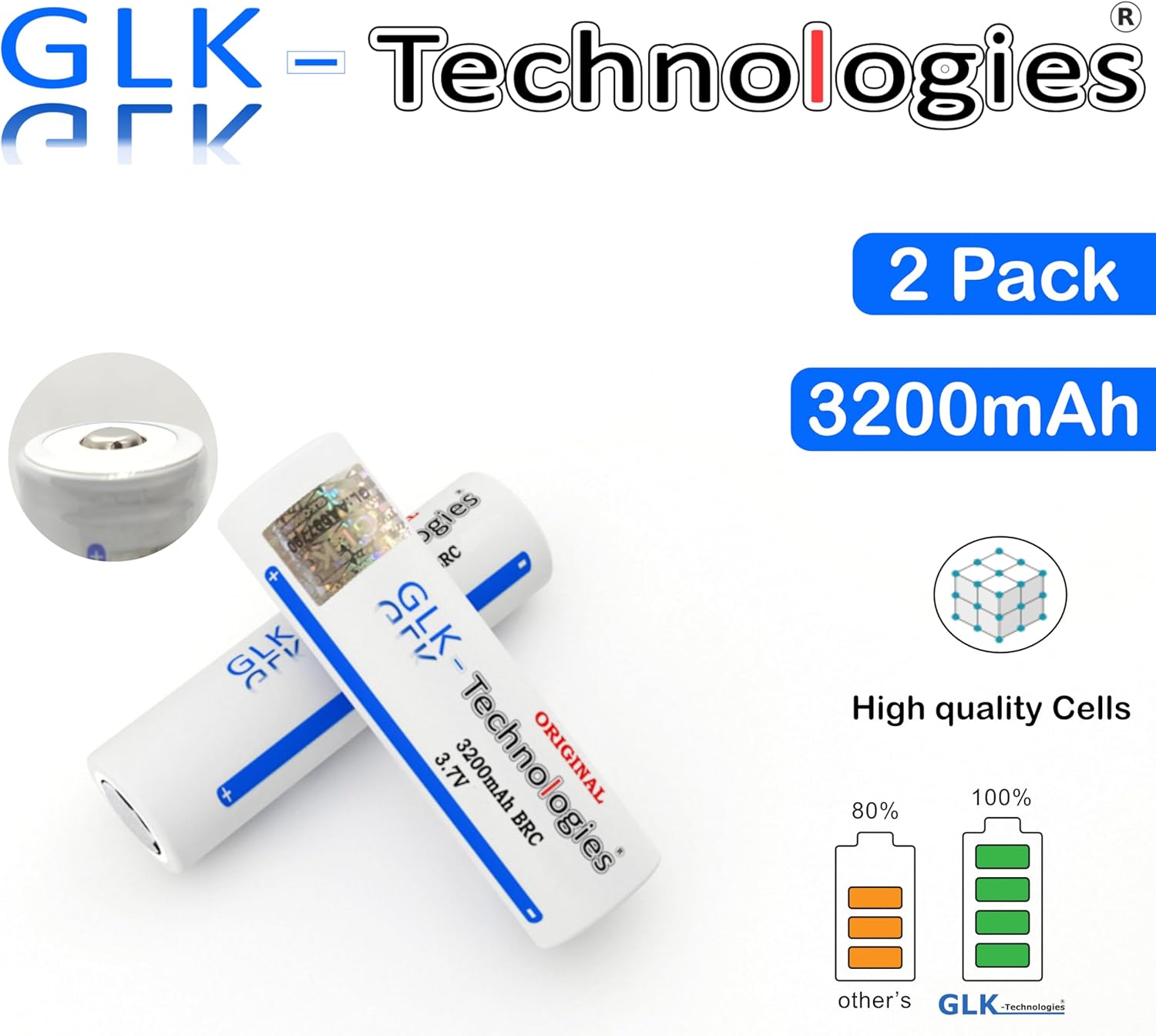 Zwei weiße 18650-Batteriezellen von GLK-Technologies mit Aufschrift 3200 mAh, 3,7 V und Hologramm-Aufkleber im Kreuzlayout, Firmenlogo oben rechts sowie Text-Elemente "2 Pack", "3200mAh" und eine Grafik "High quality Cells" mit Ladezustands-Illustrationen rechts.