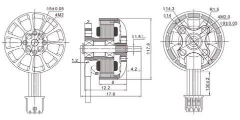 Technische Zeichnung eines FPV-Drohnen-Bürstenlosmotors in drei Ansichten (Vorderansicht, Schnitt/Seitenansicht und Rückansicht) mit Maßangaben, Lüfter- bzw. Polschneider, Kabelanschluss und Montagebohrungen.