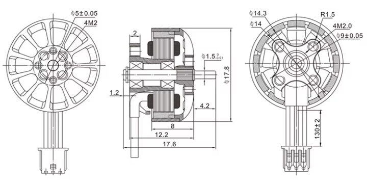Technische Zeichnung eines FPV-Drohnen-Bürstenlosmotors in drei Ansichten (Vorderansicht, Schnitt/Seitenansicht und Rückansicht) mit Maßangaben, Lüfter- bzw. Polschneider, Kabelanschluss und Montagebohrungen.