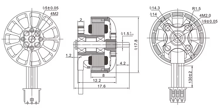 Technische Zeichnung eines FPV-Drohnen-Bürstenlosmotors in drei Ansichten (Vorderansicht, Schnitt/Seitenansicht und Rückansicht) mit Maßangaben, Lüfter- bzw. Polschneider, Kabelanschluss und Montagebohrungen.