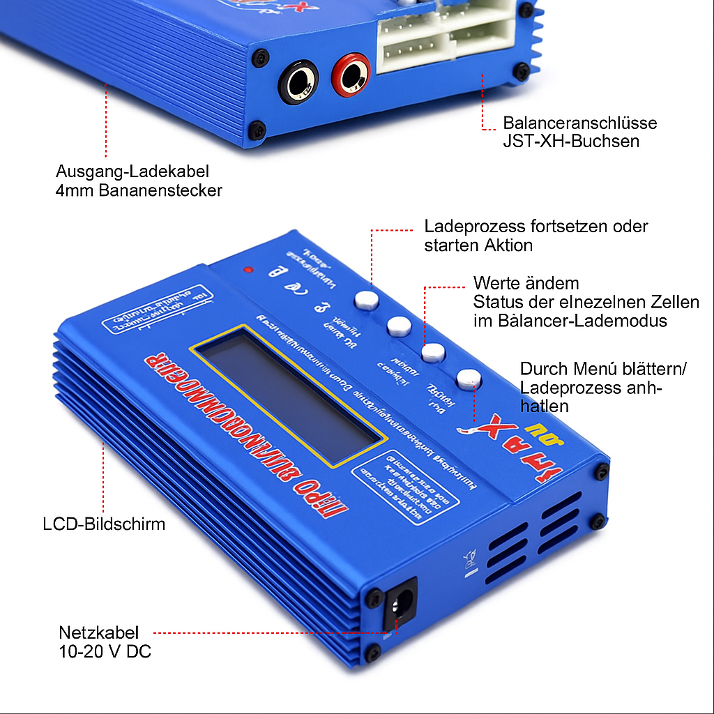Blaues tragbares Balance-Ladegerät mit LCD-Bildschirm, vier weißen Bedientasten, 4‑mm-Bananenstecker‑Ausgang, JST‑XH Balancerbuchsen und Netzanschluss (10–20 V DC) auf weißem Hintergrund mit beschriftenden Pfeilen.