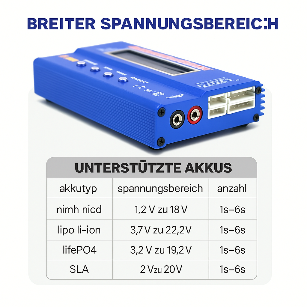 Blaues elektronisches Ladegerät mit Display und Anschlüssen, darüber die Überschrift BREITER SPANNUNGSBEREICH und darunter eine Tabelle UNTERSTÜTZTE AKKUS, die Akkutypen nimh/nicd, lipo li‑ion, lifePO4 und SLA mit den Spannungsbereichen 1,2 V–18 V, 3,7 V–22,2 V, 3,2 V–19,2 V bzw. 2 V–20 V und der Angabe 1s–6s zeigt.