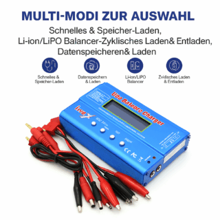 Blaues metallisches Li‑ion/LiPo Balancer-Ladegerät mit Display, Bedienknöpfen und mehreren roten und schwarzen Anschlusskabeln (Krokodilklemmen und Bananenstecker) vor weißem Hintergrund unter der Überschrift 'MULTI‑MODI ZUR AUSWAHL'.