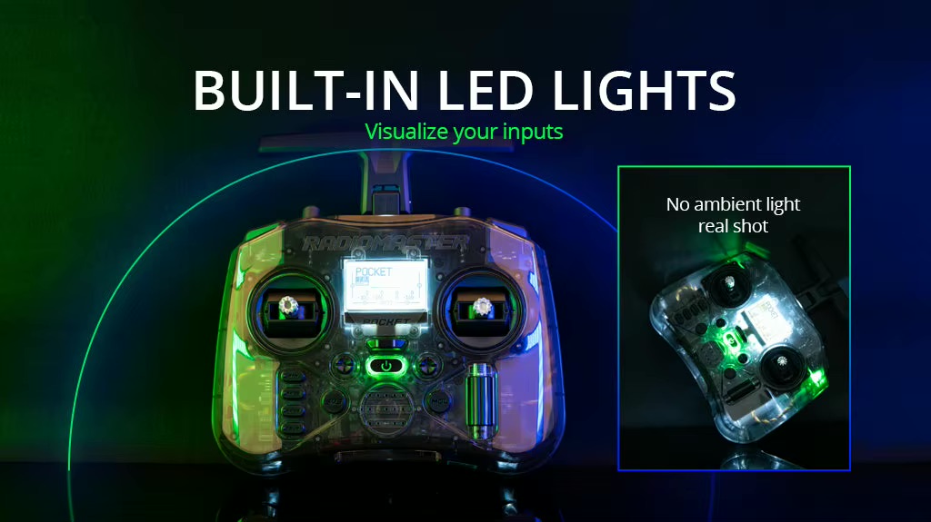 Transparentes Radiomaster Pocket Drohnen-Fernbedienung frontal mit sichtbarem LCD-Display, zwei Joysticks und eingebauten grünen/blauen LED-Leuchten vor dunklem, neonbeleuchtetem Hintergrund sowie einer kleinen Einblendung einer Nahaufnahme des Geräts bei Dunkelheit.