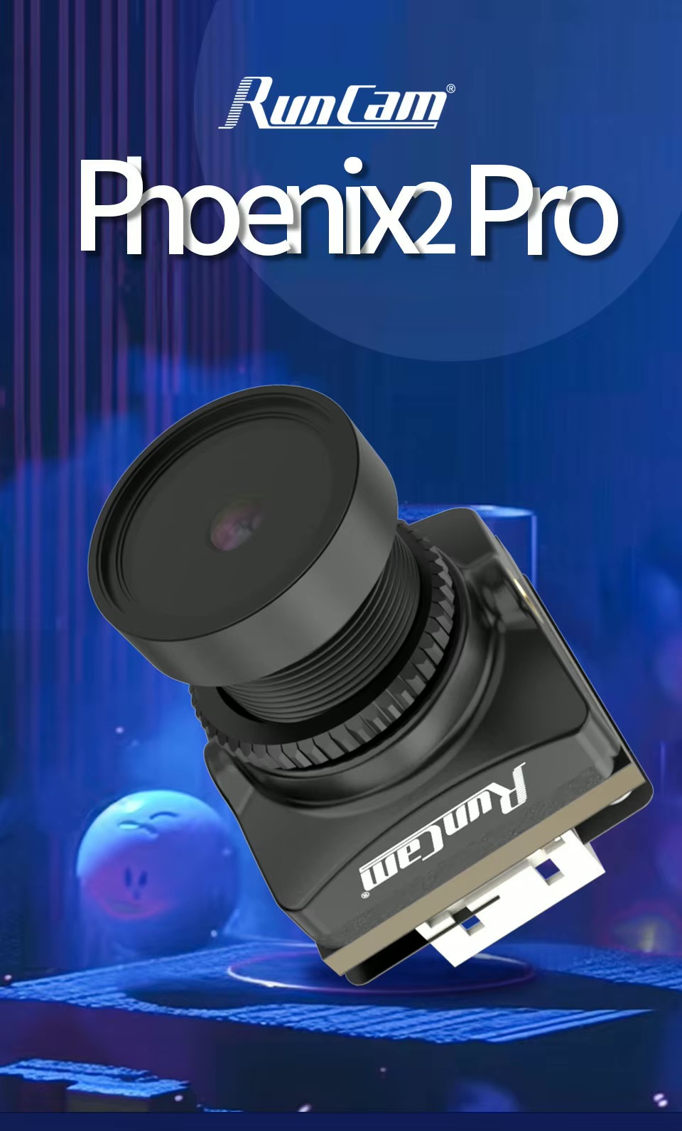 Schwarze RunCam Phoenix2 Pro FPV-Kamera mit großem runden Objektiv und sichtbarem RunCam-Logo, vor einem blauen, grafischen Werbehintergrund mit dem Schriftzug Phoenix2 Pro.