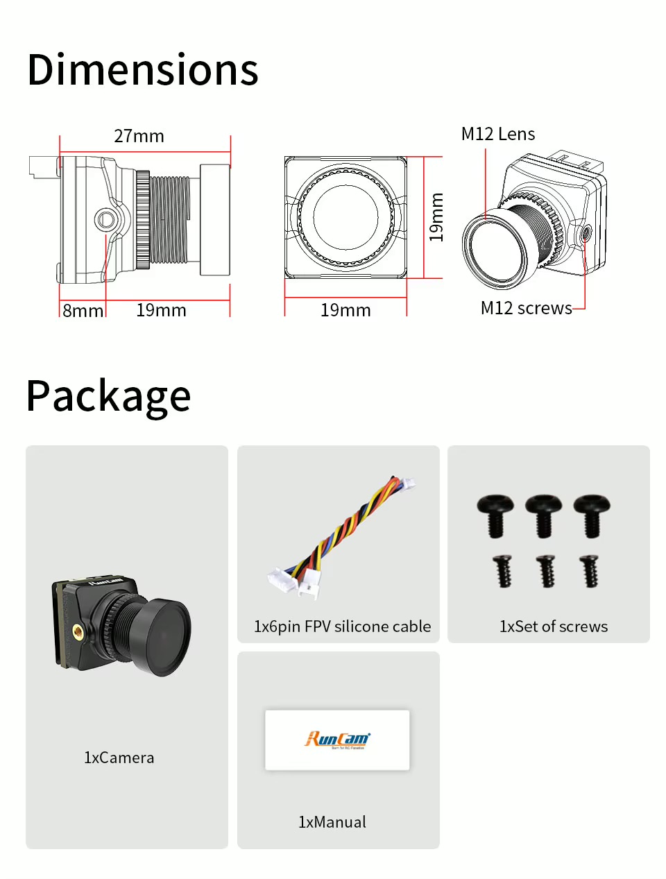 Technische Zeichnung einer kompakten quadratischen FPV‑Kamera mit M12‑Objektiv und Maßen (ca. 27 × 19 × 19 mm) sowie Abbildung des Paket­inhalts: Kamera, 6‑poliges FPV‑Silikonkabel, Schraubensatz und Bedienungsanleitung.