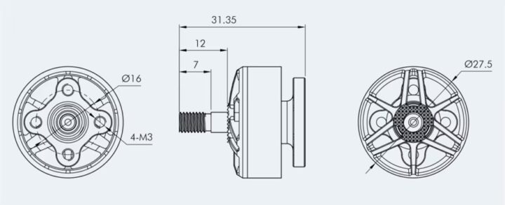 Technische Zeichnung eines FPV‑Drohnenmotors mit drei Ansichten (Vorder-, Seiten- und Rückansicht) und Bemaßungen, darunter Gesamtlänge 31,35 mm, Gewindewelle, Befestigungsbohrungen 4‑M3 sowie Durchmesserangaben Ø16 und Ø27,5 mm.