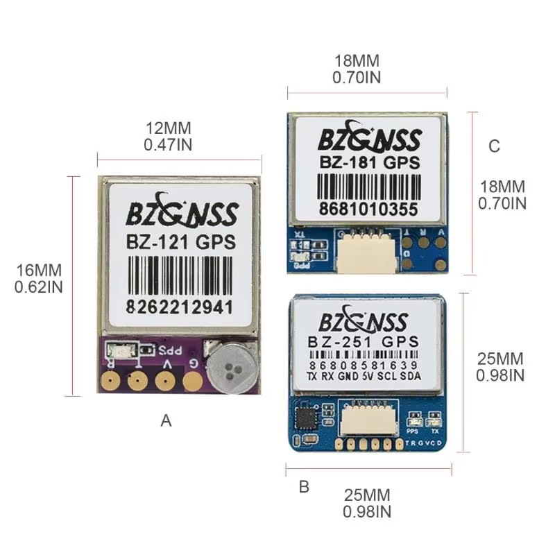 Drei kleine BZ&NSS-GPS-Module (BZ-121 links, BZ-181 oben rechts, BZ-251 unten rechts) mit aufgedruckten Barcodes, sichtbaren Steckverbindern und eingezeichneten Abmessungen in Millimeter und Zoll.