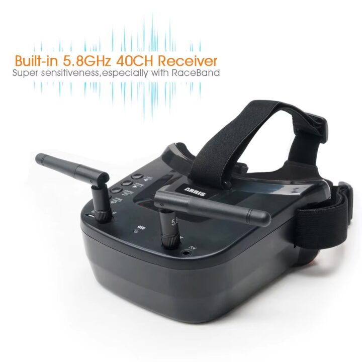 Schwarze FPV‑Videobrille auf weißem Hintergrund mit gepolstertem Kopfband, zwei externen 5,8‑GHz‑Antennen und sichtbaren Bedientasten, daneben der Werbetext "Built-in 5.8GHz 40CH Receiver".