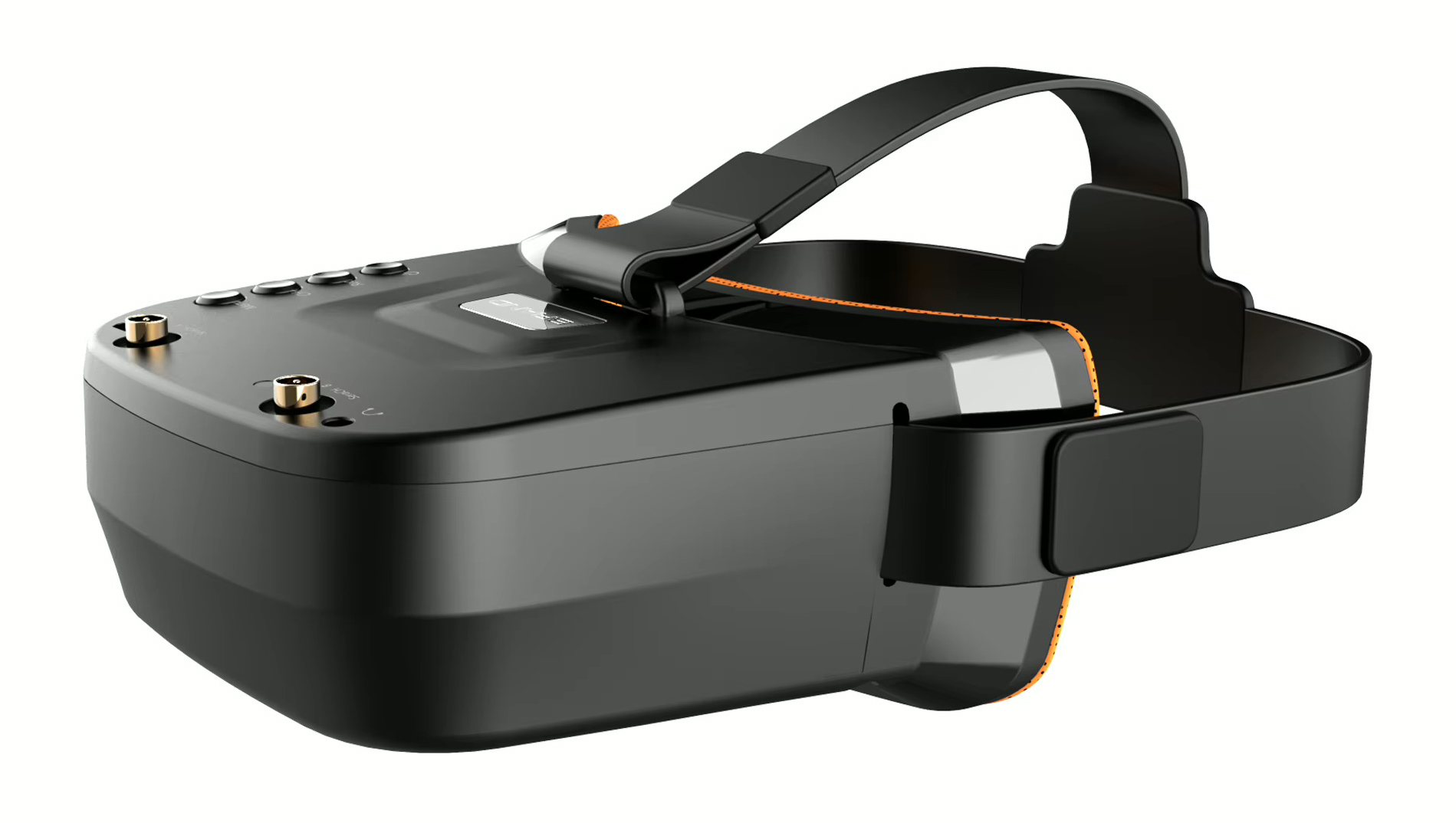 Schwarze FPV-Drohnen-Videobrille mit verstellbarem Kopfbügel, orangefarbener Polsternaht, vier Bedientasten und zwei goldenen Antennenanschlüssen auf der Oberseite.