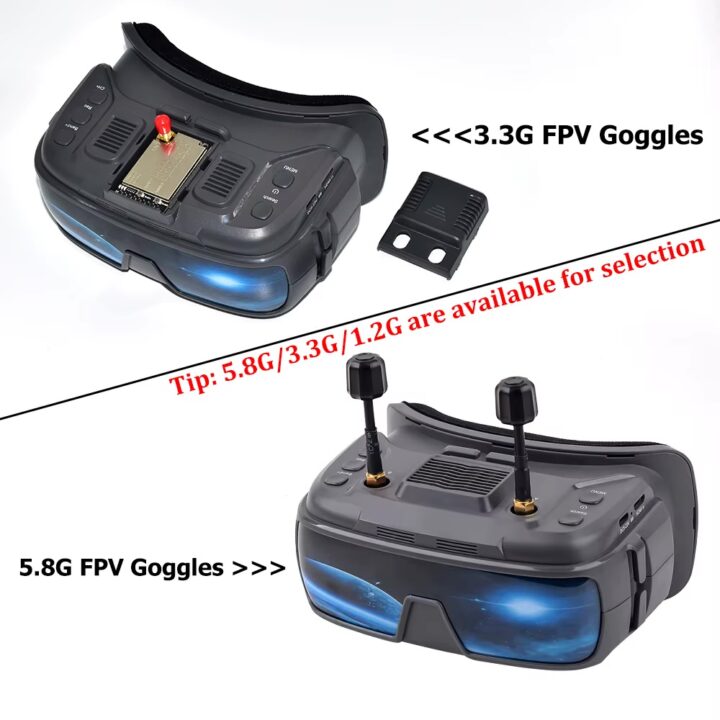 vr200-fpv-goggles-58ghz-analog-dvr-aufnahme Graue FPV-Drohnenbrille mit zwei abnehmbaren Antennen, sichtbarem Empfängermodul und blau gestalteten Frontlinsen; daneben eine Ersatz-Modulabdeckung und Bildtext, der 3.3G/5.8G/1.2G-Optionen erwähnt.
