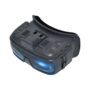 FPV-Drohnenbrille in dunklem Grau mit blau getönten Frontlinsen, Schaumstoff-Gesichtsauflage, Tasten und Lüftungsöffnungen oben sowie seitlichen Anschlüssen.