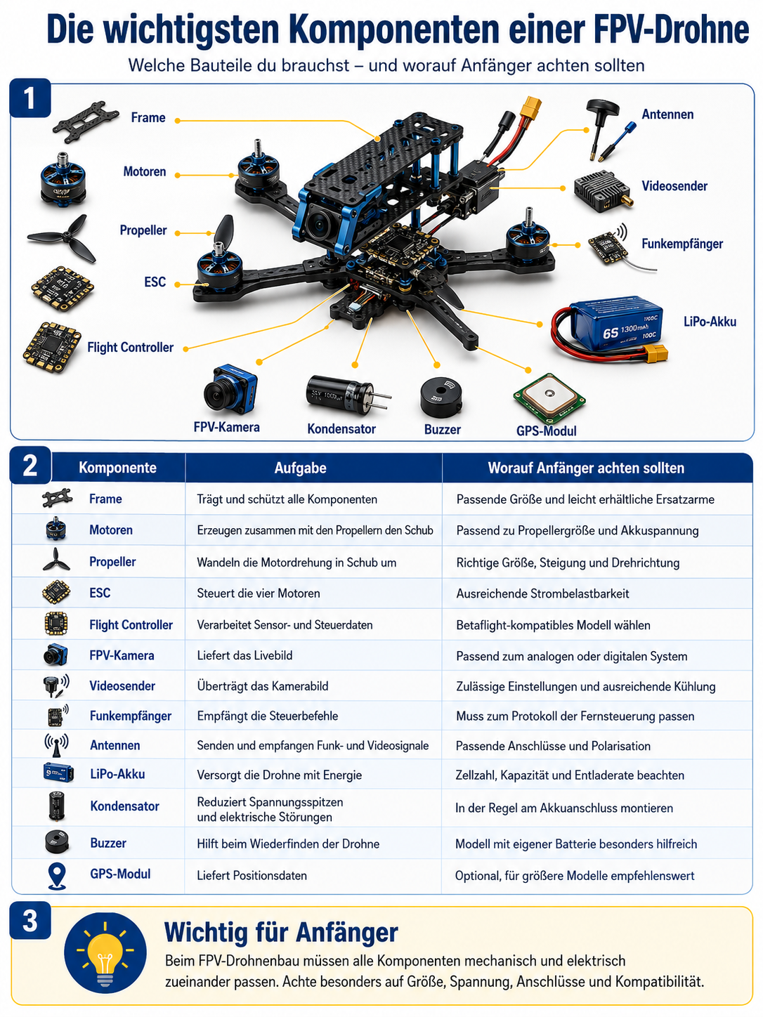 Infografik zu den wichtigsten Komponenten einer FPV-Drohne mit beschriftetem Aufbau, Tabelle und Hinweisen für Anfänger