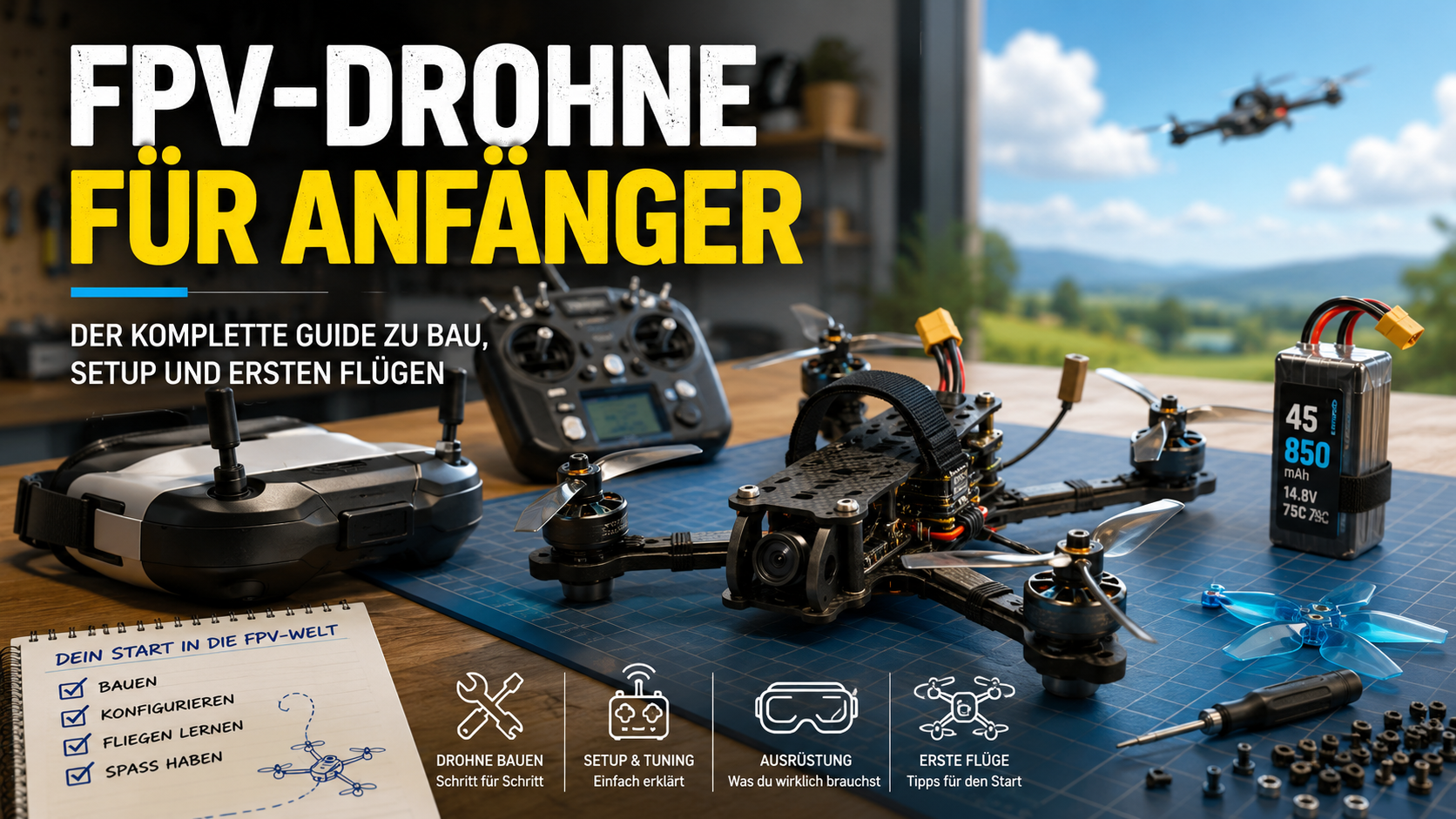 Werbegrafik zu FPV-Drohnen für Anfänger mit Drohne, Fernsteuerung, Akku und Bauanleitung auf dem Tisch