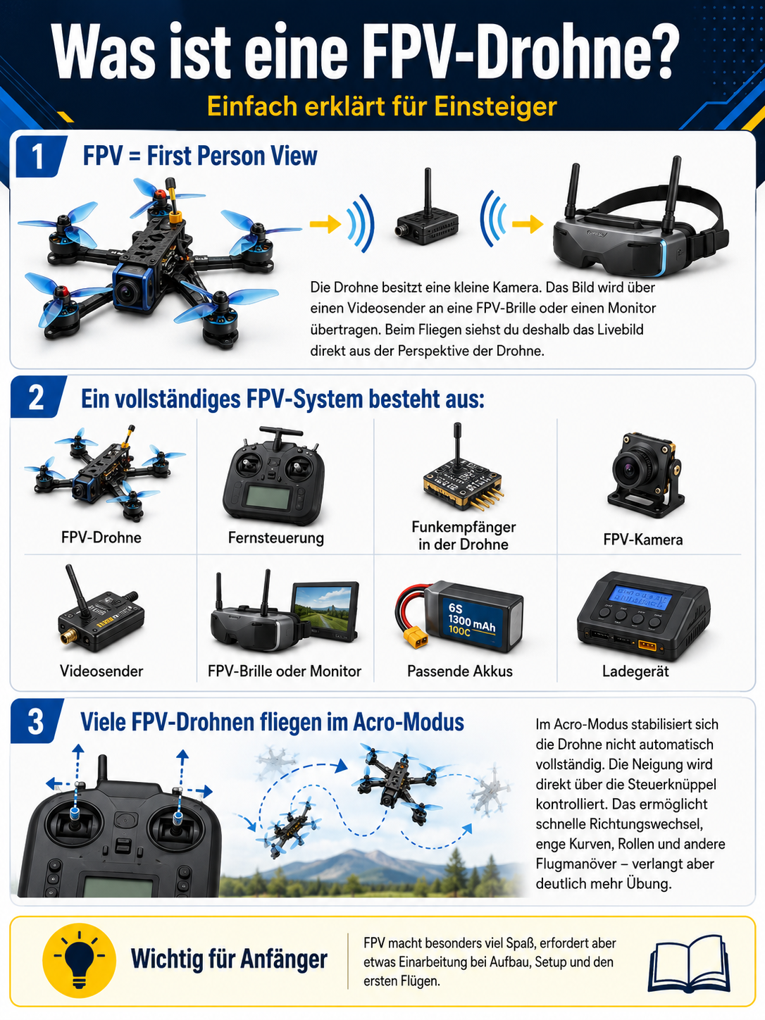 Infografik erklärt FPV-Drohnen für Anfänger mit Drohne, Brille, Fernsteuerung und Acro-Modus